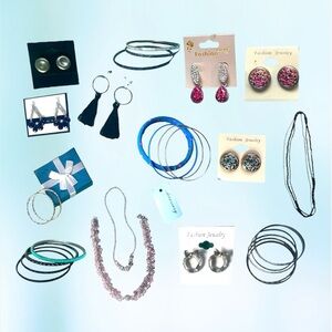 Jewelry Collection: 8 Earrings, 4 Bracelets Sets (16 bungles), and 3 Necklaces